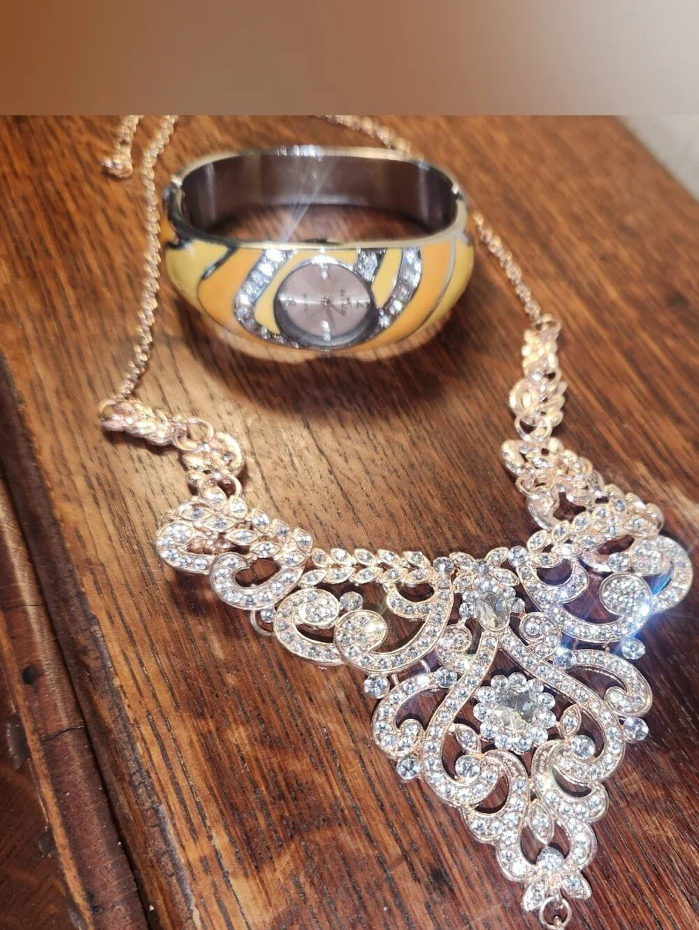 Crystal Filigree Statement Necklace with Gold-Tone Yellow Enamel Clamp Watch